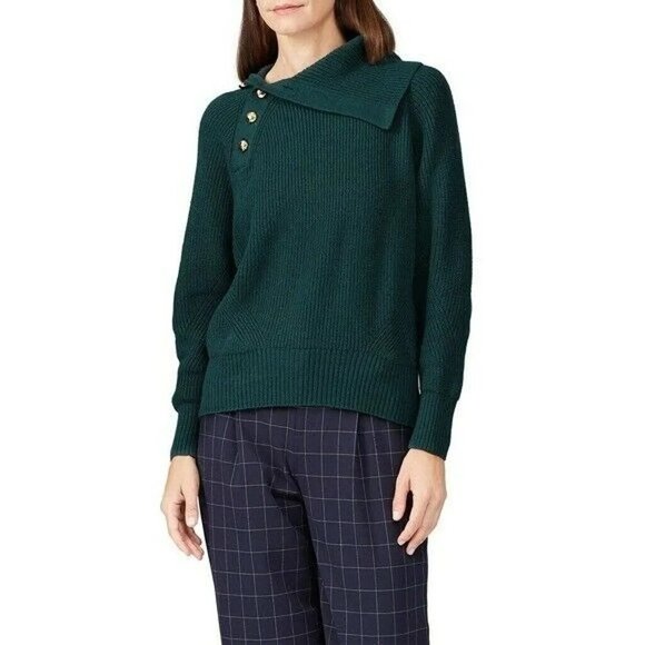 Tara Jarmon Paris Women's Wool Blend Green Cowl Neck Sweater Gold Buttons‎ Large - Picture 1 of 10